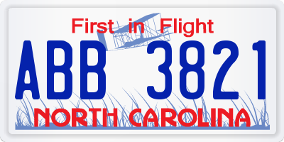 NC license plate ABB3821
