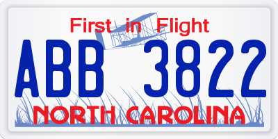 NC license plate ABB3822