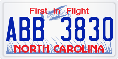 NC license plate ABB3830