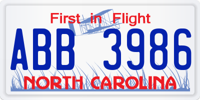 NC license plate ABB3986