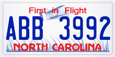 NC license plate ABB3992