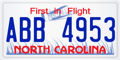 NC license plate ABB4953