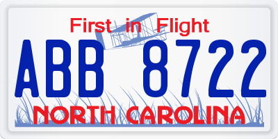 NC license plate ABB8722