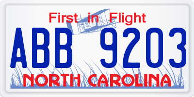 NC license plate ABB9203