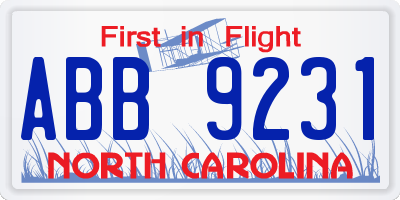 NC license plate ABB9231