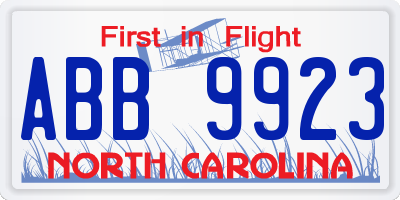 NC license plate ABB9923