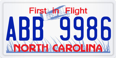 NC license plate ABB9986