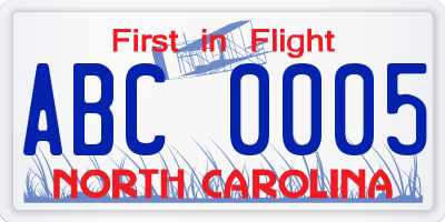 NC license plate ABC0005