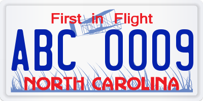 NC license plate ABC0009