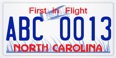 NC license plate ABC0013