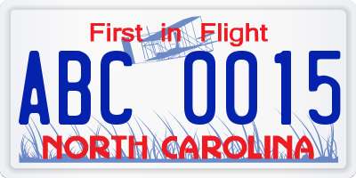 NC license plate ABC0015