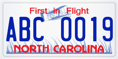 NC license plate ABC0019