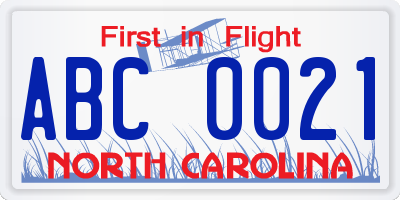 NC license plate ABC0021