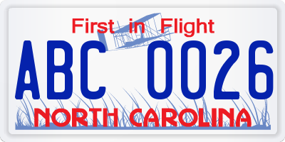 NC license plate ABC0026