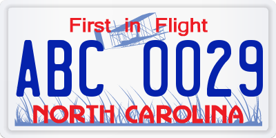 NC license plate ABC0029