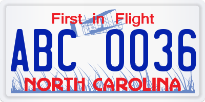 NC license plate ABC0036