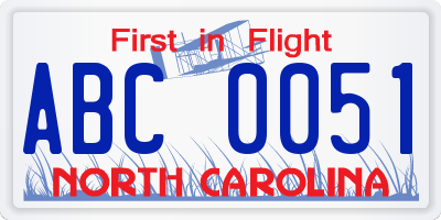 NC license plate ABC0051