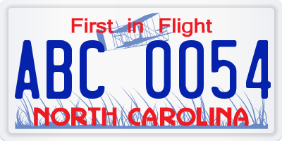 NC license plate ABC0054