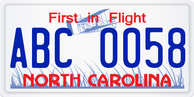 NC license plate ABC0058