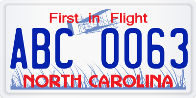 NC license plate ABC0063