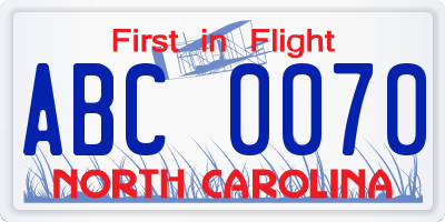 NC license plate ABC0070