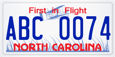 NC license plate ABC0074