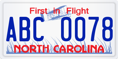 NC license plate ABC0078