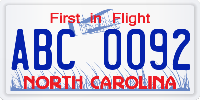 NC license plate ABC0092