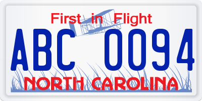 NC license plate ABC0094