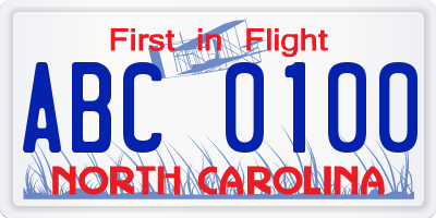 NC license plate ABC0100