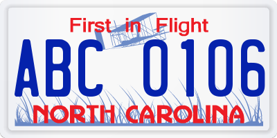NC license plate ABC0106