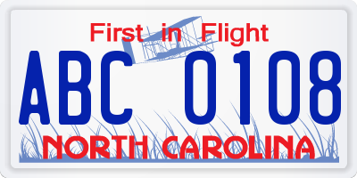 NC license plate ABC0108