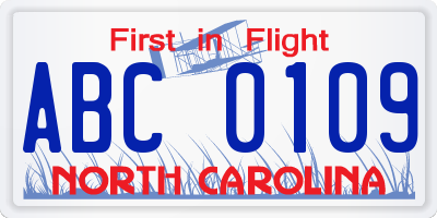 NC license plate ABC0109
