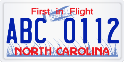 NC license plate ABC0112