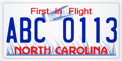 NC license plate ABC0113