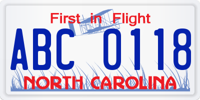 NC license plate ABC0118