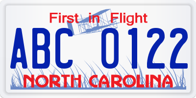 NC license plate ABC0122