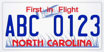 NC license plate ABC0123