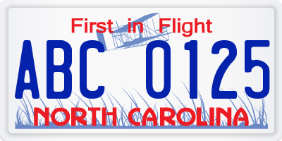 NC license plate ABC0125