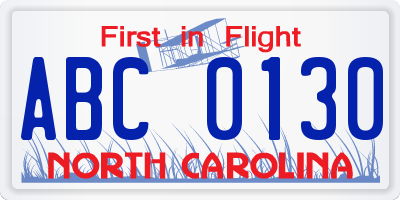 NC license plate ABC0130