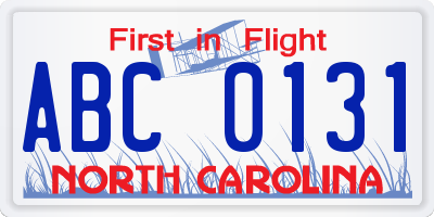 NC license plate ABC0131