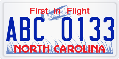 NC license plate ABC0133