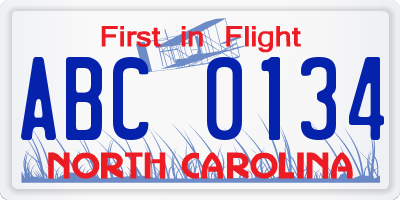 NC license plate ABC0134