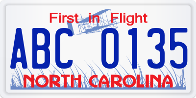 NC license plate ABC0135