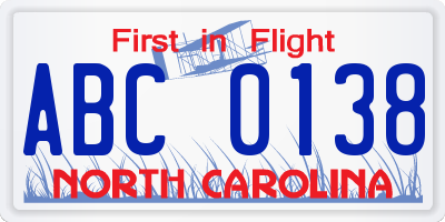NC license plate ABC0138