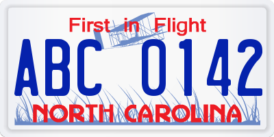 NC license plate ABC0142