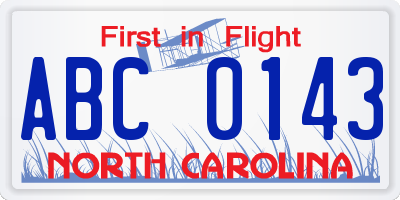 NC license plate ABC0143
