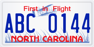 NC license plate ABC0144