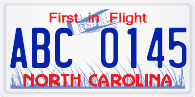 NC license plate ABC0145
