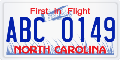 NC license plate ABC0149